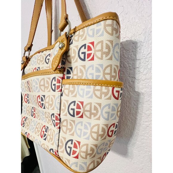 Giani Bernini Womens Logo Print Tote Bag Tan Straps & Multiple Pockets READ - Picture 2 of 7